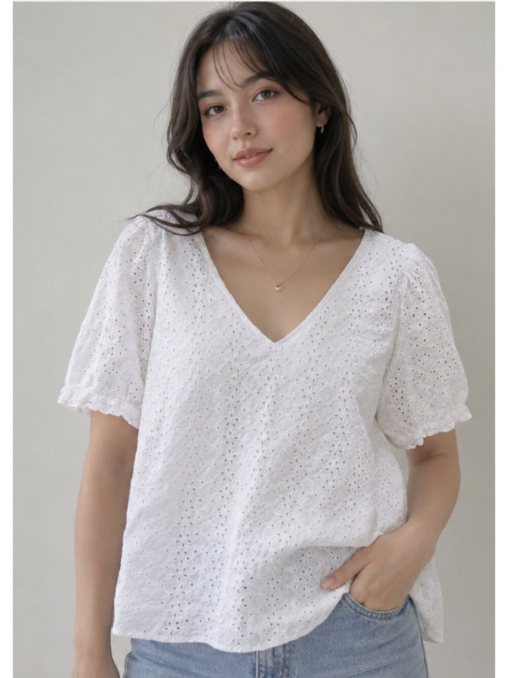DRAPER JAMES Eyelet Cotton Lace V Neck Top White XL Coquette Boho Coastal Trad